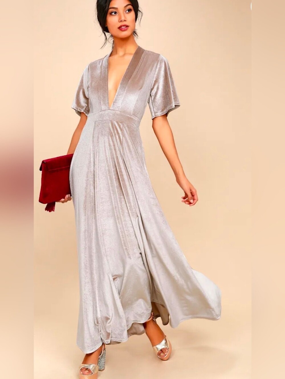 On the Road Temptress Taupe Velvet Maxi Dress Size XS